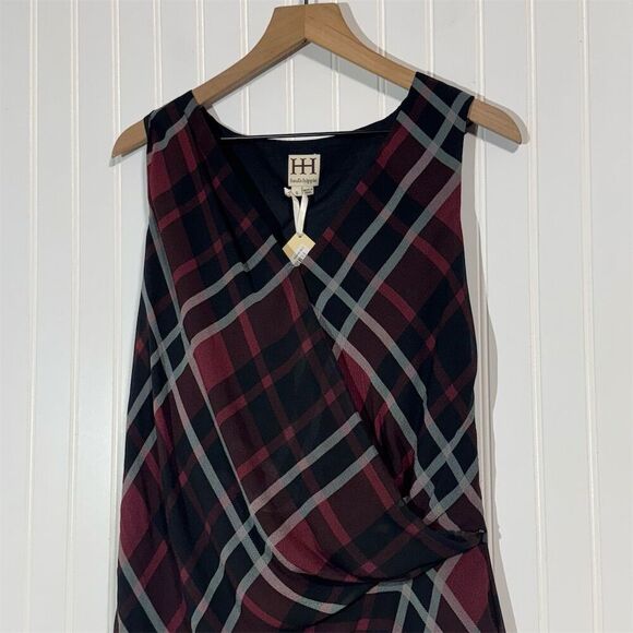Haute Hippie Women’s Small Plaid Silk Dress Burgundy Black Asymmetrical Hem NWT - Picture 2 of 12